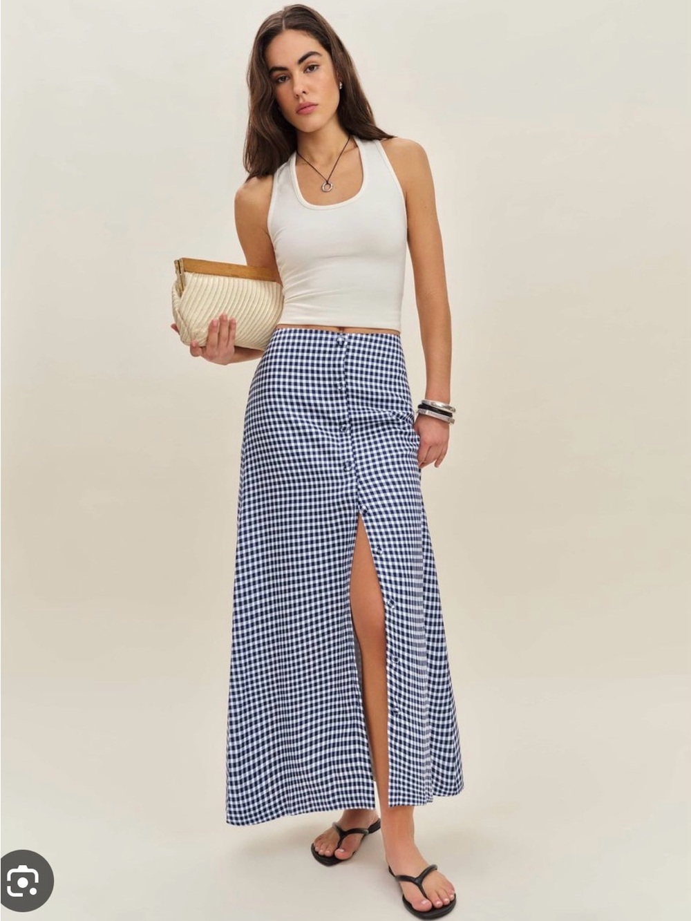 Reformation Andi navy linen gingham skirt small